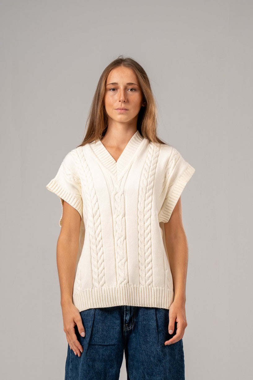 Off White V-Neck Cable vest